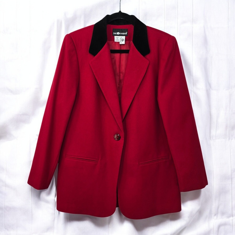 Sag Harbor Wool Blazer Velvet Collar Red Career Jacket‎ Woman Size 8 Career Wear